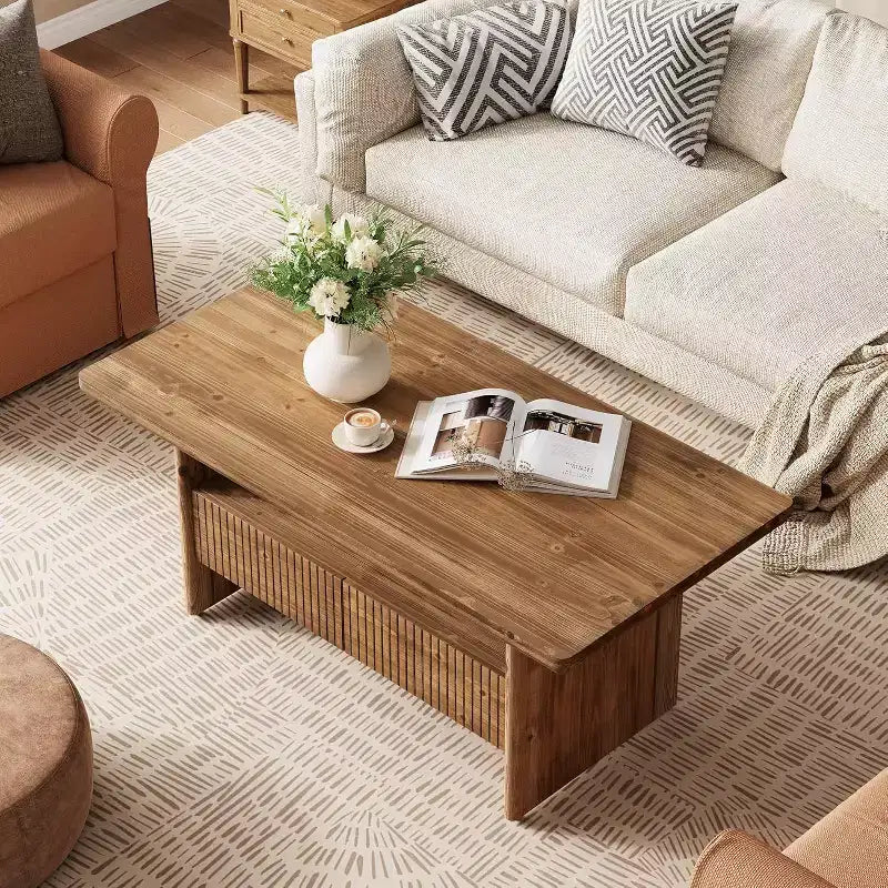 Table basse en bois massif brun, double piédestal, 2 tiroirs
