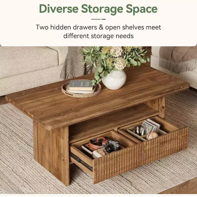 Table basse en bois massif brun, double piédestal, 2 tiroirs