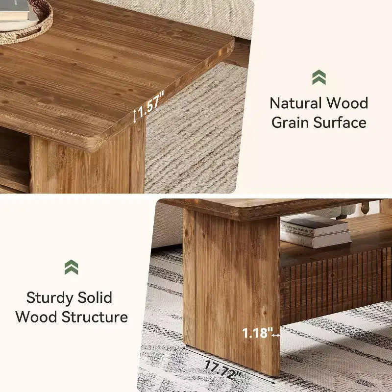 Table basse en bois massif brun, double piédestal, 2 tiroirs