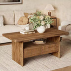 Table basse en bois massif brun, double piédestal, 2 tiroirs