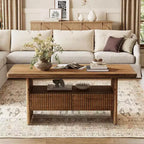 Table basse en bois massif brun, double piédestal, 2 tiroirs