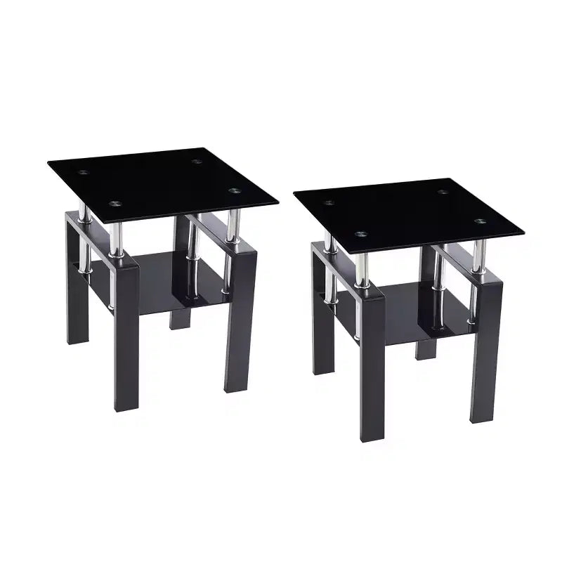 Set of 2 Tempered Black Glass End Tables, Modern Nightstands with Metal Legs for Living Room