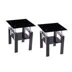 Set of 2 Tempered Black Glass End Tables, Modern Nightstands with Metal Legs for Living Room