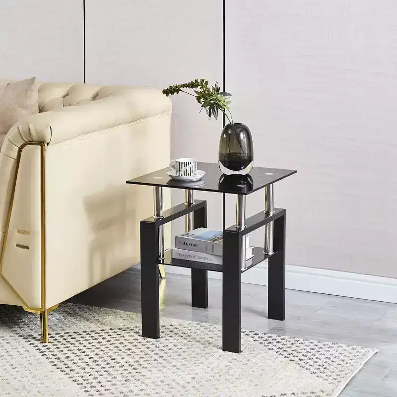 Table d'appoint carrée en verre noir, style moderne, lot de 2