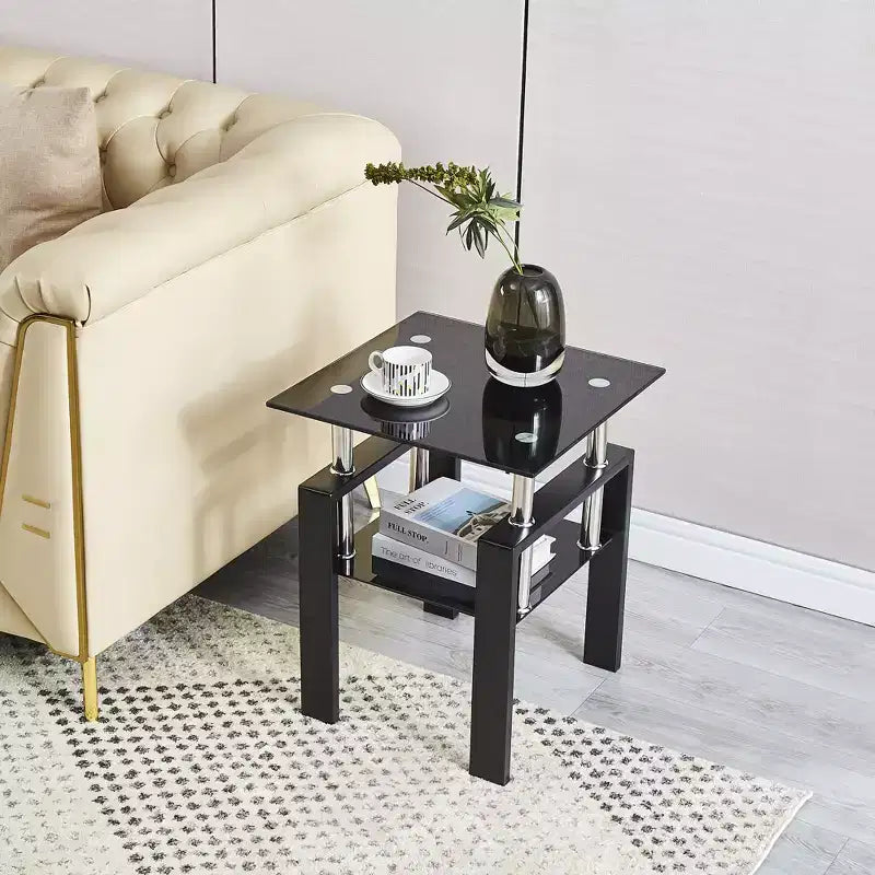 Table d'appoint carrée en verre noir, style moderne, lot de 2