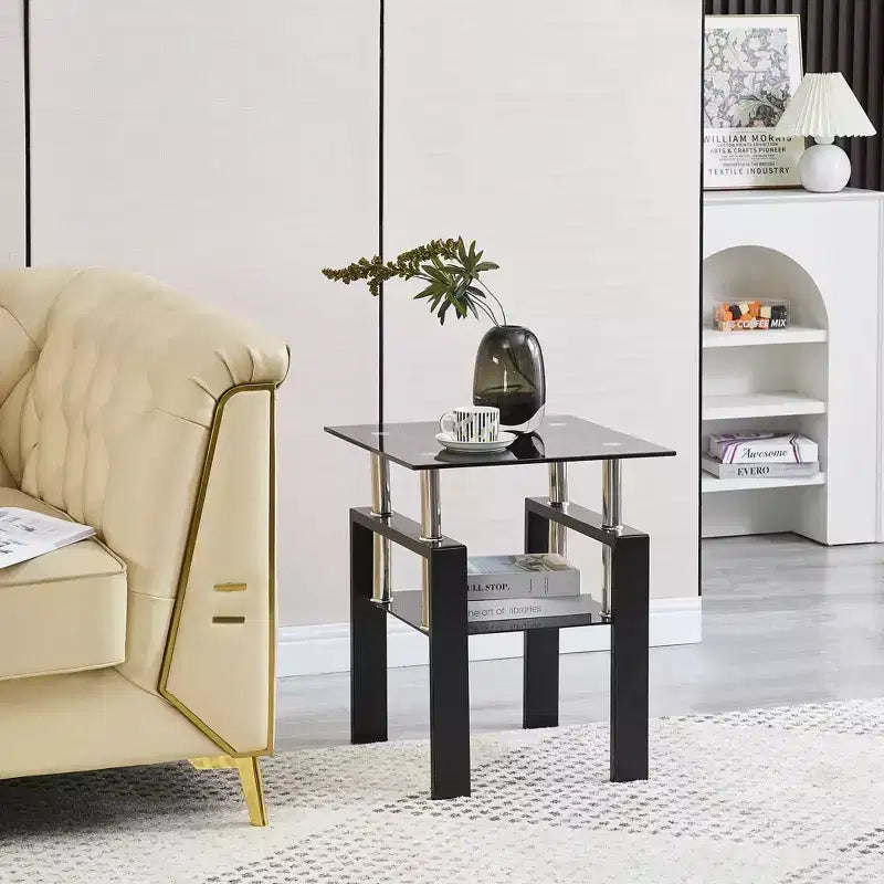 Table d'appoint carrée en verre noir, style moderne, lot de 2
