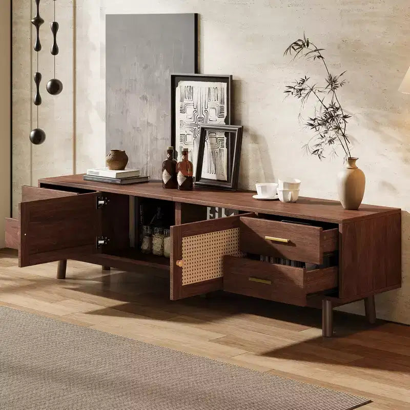 JVNOXK 70-inch Mid-Century Modern TV Stand, suitable for TVs up to 80 inches, featuring roller shutters and recessed drawers, for the living room