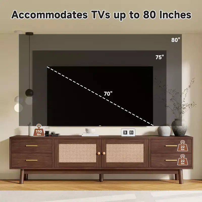 Meuble TV Mid-Century marron, 178 cm, convient aux téléviseurs jusqu'à 203 cm, assemblage par 1 personne