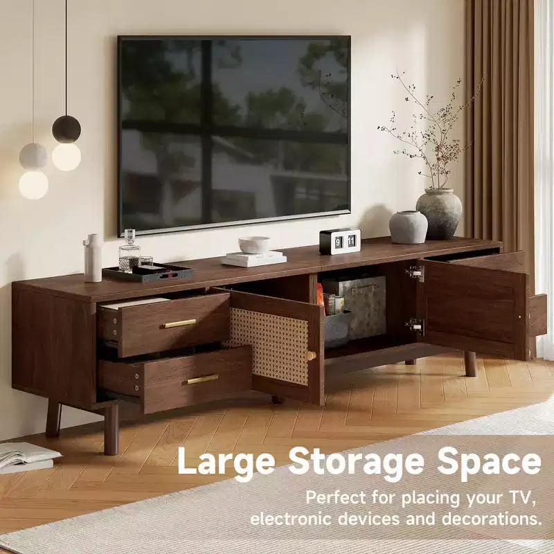 Meuble TV Mid-Century marron, 178 cm, convient aux téléviseurs jusqu'à 203 cm, assemblage par 1 personne