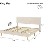 Cadre de lit plateforme king size en velours beige avec tête de lit réglable, 1 personne