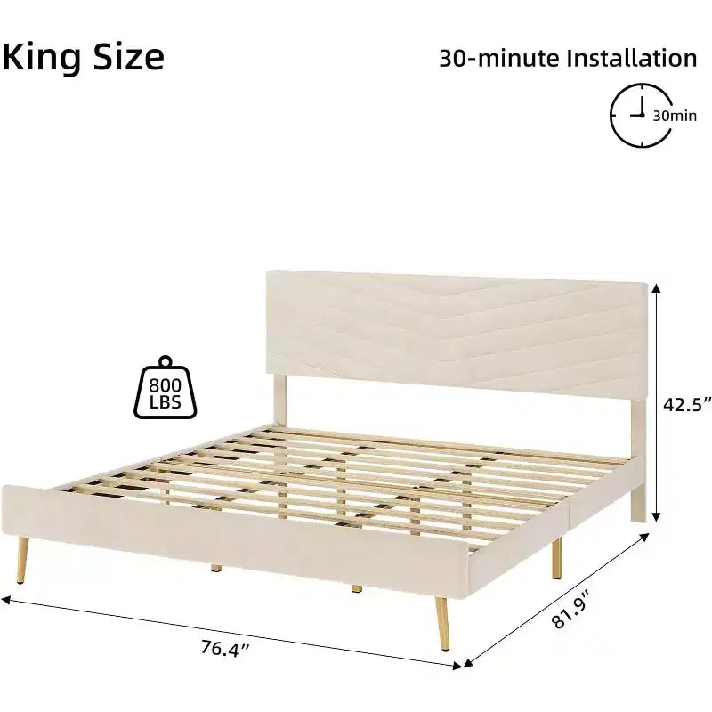Cadre de lit plateforme king size en velours beige avec tête de lit réglable, 1 personne