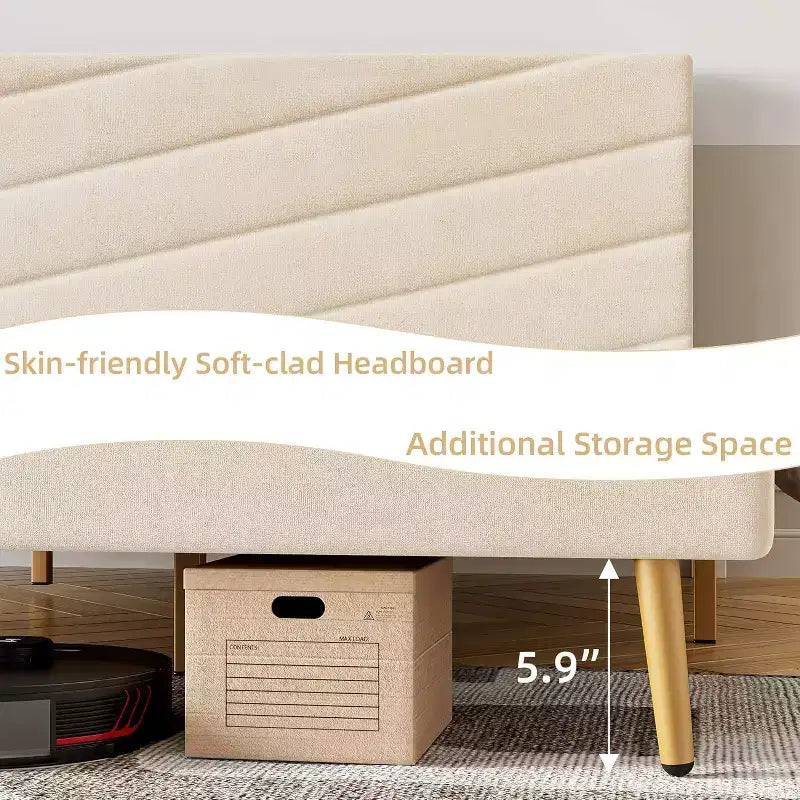 Cadre de lit plateforme king size en velours beige avec tête de lit réglable, 1 personne