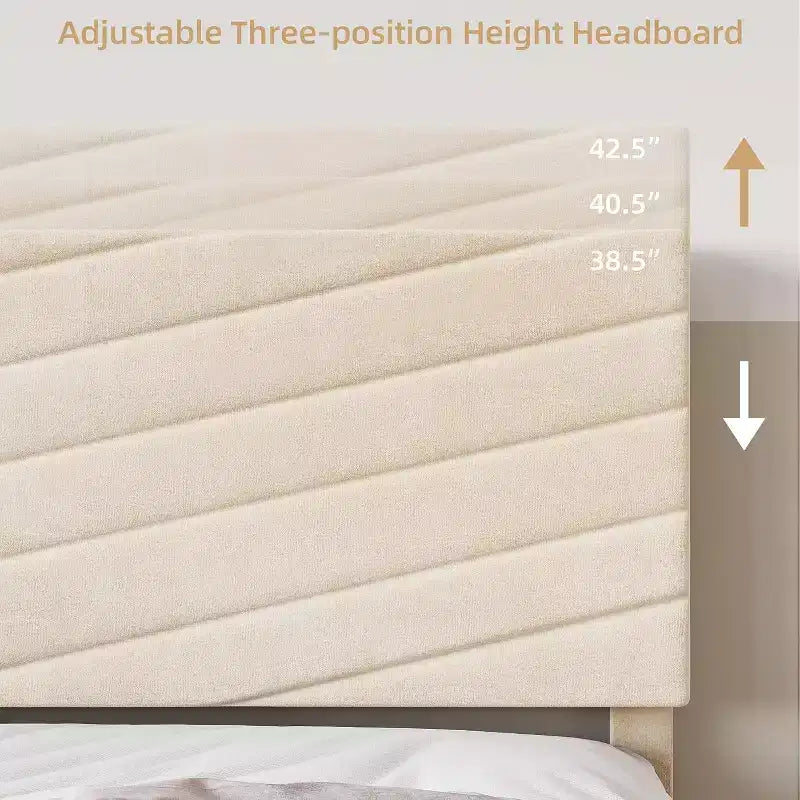 Cadre de lit plateforme king size en velours beige avec tête de lit réglable, 1 personne