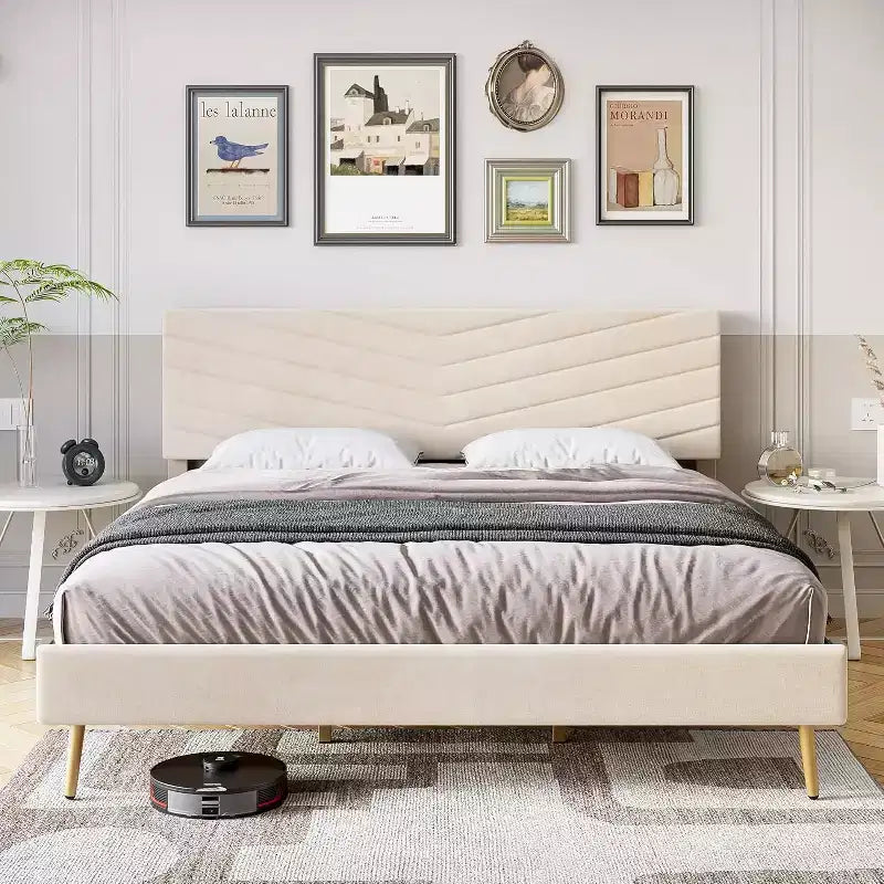 Cadre de lit plateforme king size en velours beige avec tête de lit réglable, 1 personne