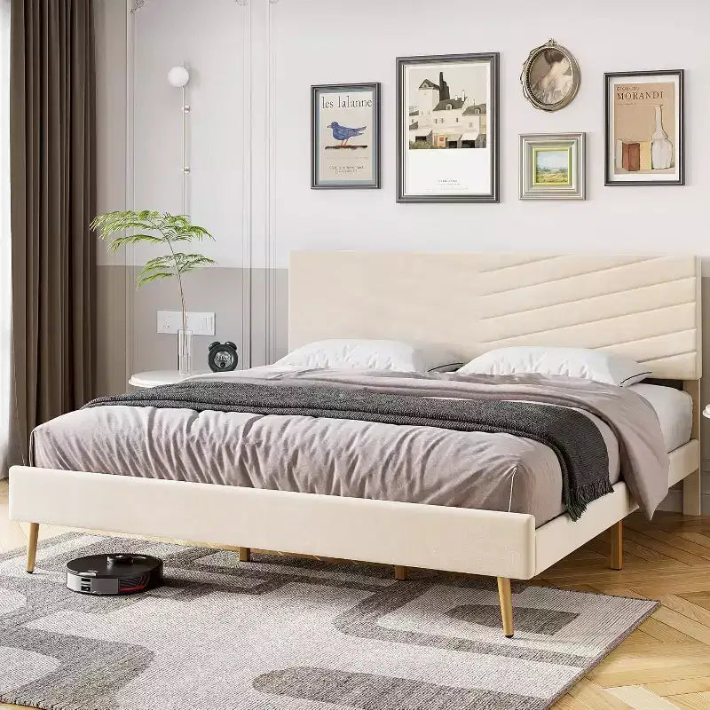 Cadre de lit plateforme king size en velours beige avec tête de lit réglable, 1 personne