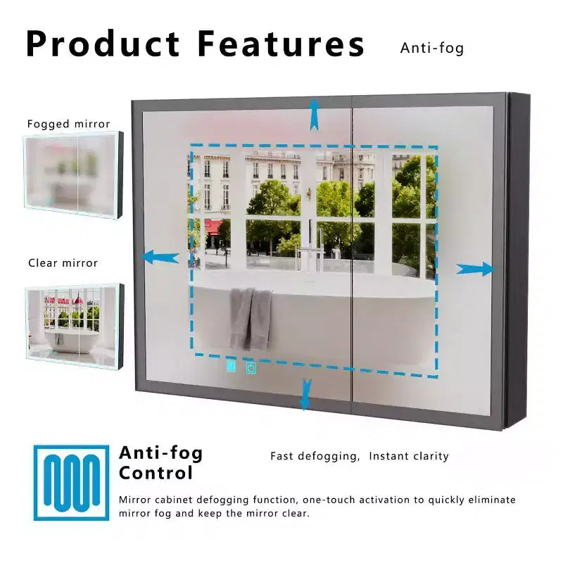 FAMYYT Armoire à pharmacie en aluminium de 32 po l. x 24 po H avec miroir et lumière, anti-buée, facile à installer