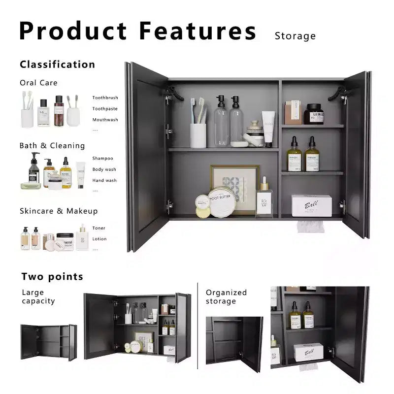 FAMYYT Armoire à pharmacie en aluminium de 32 po l. x 24 po H avec miroir et lumière, anti-buée, facile à installer