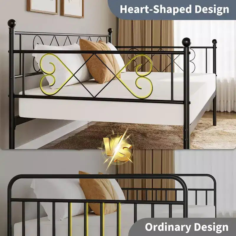 Lit de repos sans lit gigogne, taille double avec tête de lit en forme de cœur, lit de repos en métal robuste pour salon/chambre/chambre d'amis, montage facile, noir