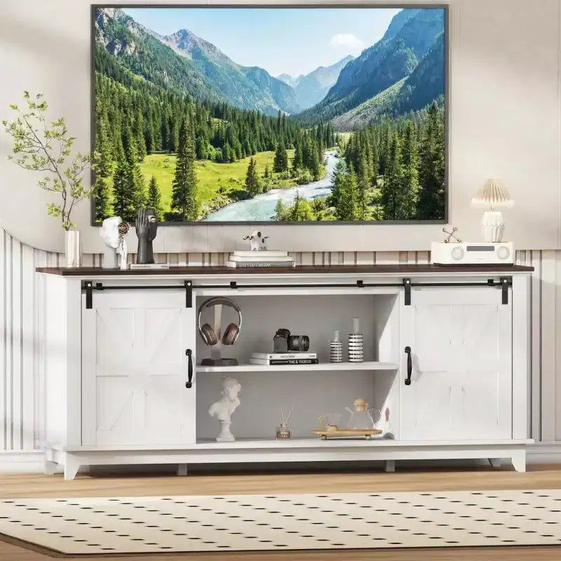Meuble TV de ferme pour téléviseur 75 pouces avec portes coulissantes, étagères réglables et placards de rangement pour salon