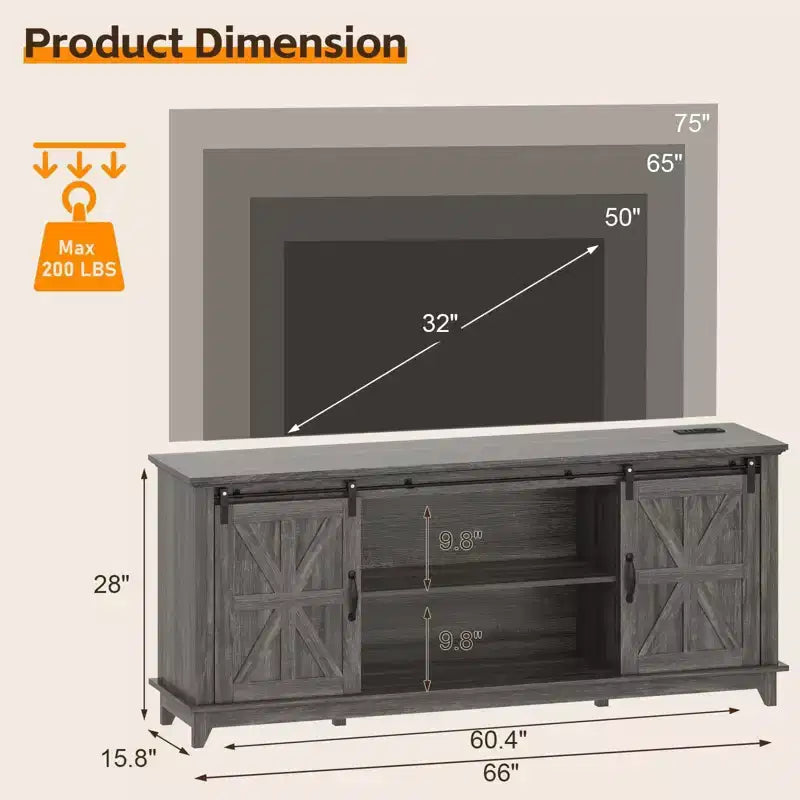 Meuble TV de ferme pour téléviseur 75 pouces avec portes coulissantes, étagères réglables et placards de rangement pour salon