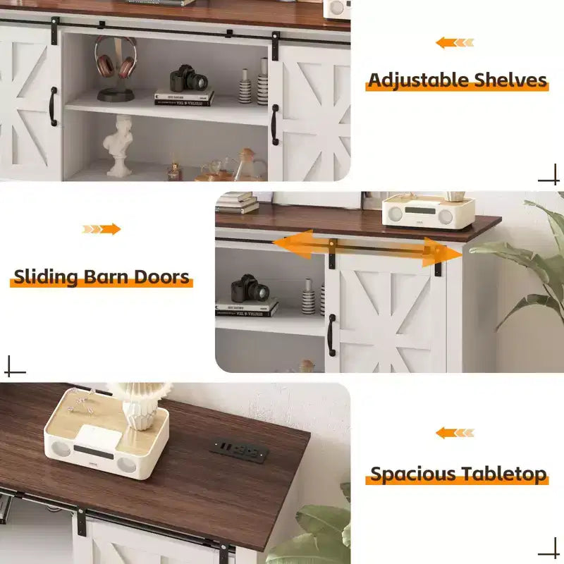 Meuble TV de ferme pour téléviseur 75 pouces avec portes coulissantes, étagères réglables et placards de rangement pour salon