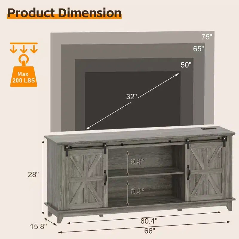 Meuble TV de ferme pour téléviseur 75 pouces avec portes coulissantes, étagères réglables et placards de rangement pour salon