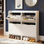 Karl Home 42.9 Inch Slatted Style 4 Flip Door Shoe Cabinet with Tabletop Baffle