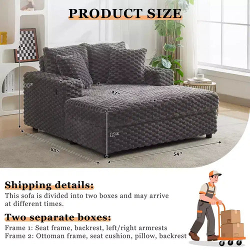 Chaise longue surdimensionnée de 152 cm avec porte-gobelets et ports USB, canapé-lit rembourré pour la lecture - Gris