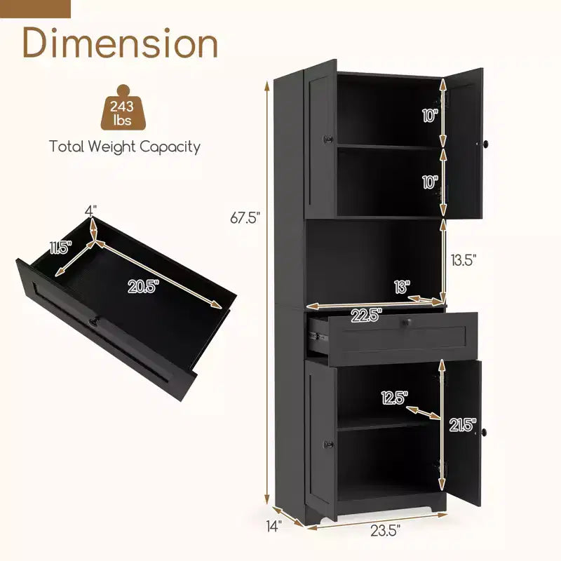 Armoire de cuisine Costway 171 cm avec 4 portes, 1 tiroir, plan de travail ouvert, étagère réglable