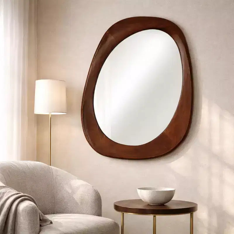 Miroir mural décoratif ovale en bois de manguier pour la décoration de chambre à coucher - Accent mural élégant pour dortoir, coiffeuse de chambre ou décoration de salon - 35, marron et beige