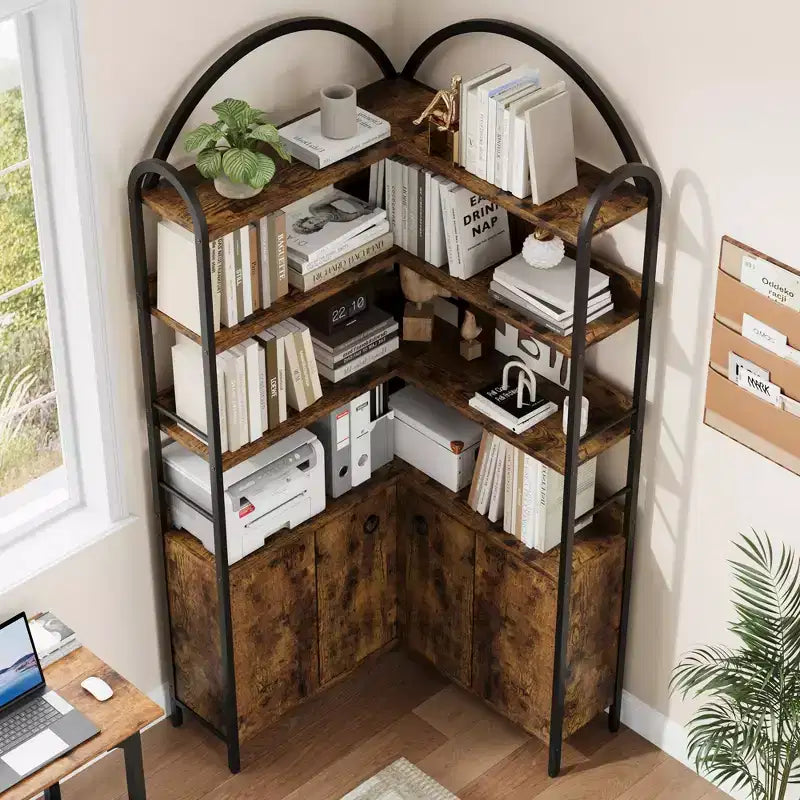Étagère d'angle à 6 niveaux, Bibliothèque d'angle avec rangement, Bibliothèque d'angle en L rustique avec meuble de rangement, pour salon, bureau à domicile, rétro