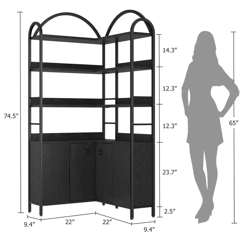 Étagère d'angle à 6 niveaux, Bibliothèque d'angle avec rangement, Bibliothèque d'angle en L rustique avec meuble de rangement, pour salon, bureau à domicile, rétro