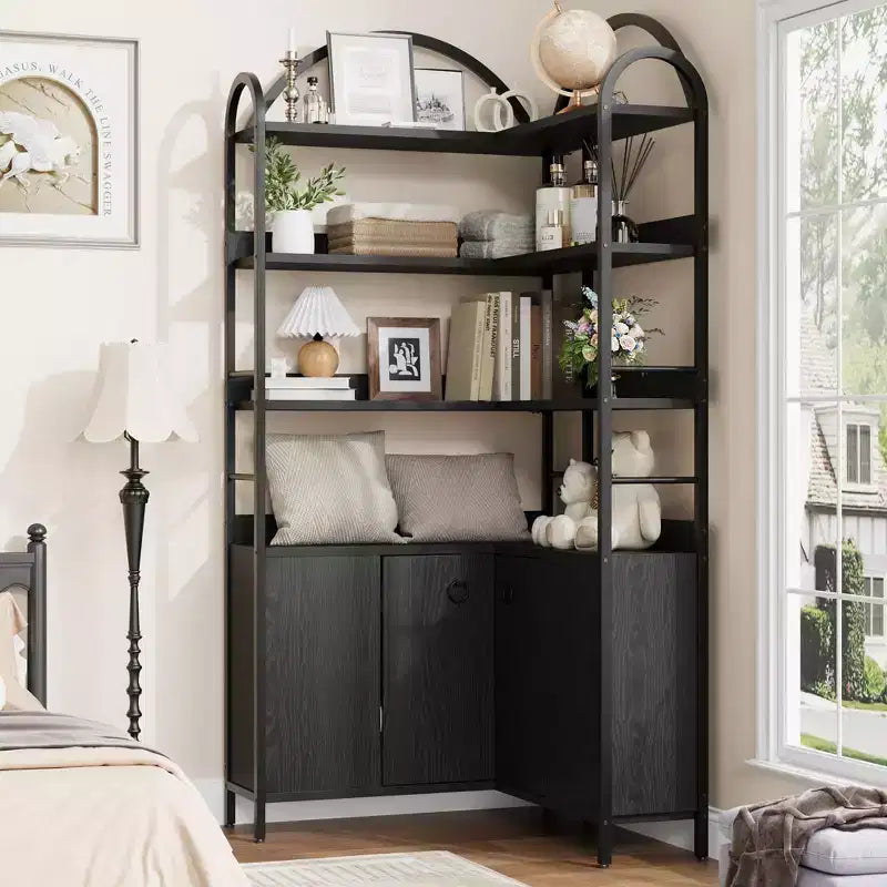 Étagère d'angle à 6 niveaux, Bibliothèque d'angle avec rangement, Bibliothèque d'angle en L rustique avec meuble de rangement, pour salon, bureau à domicile, rétro
