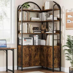 Étagère d'angle à 6 niveaux, Bibliothèque d'angle avec rangement, Bibliothèque d'angle en L rustique avec meuble de rangement, pour salon, bureau à domicile, rétro