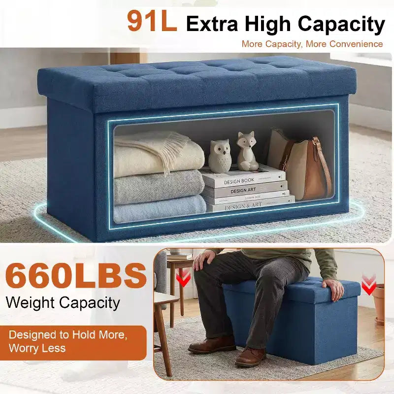 Banc de rangement pliant BestMassage de 76 cm, capacité de charge de 300 kg, tabouret repose-pieds rembourré pour salon, chambre, entrée