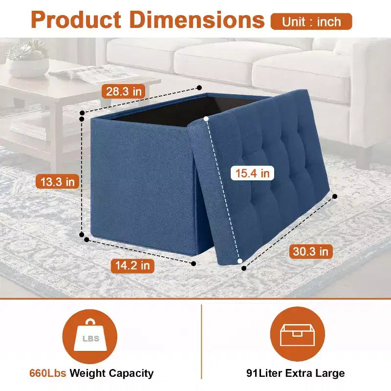Banc de rangement pliant BestMassage de 76 cm, capacité de charge de 300 kg, tabouret repose-pieds rembourré pour salon, chambre, entrée
