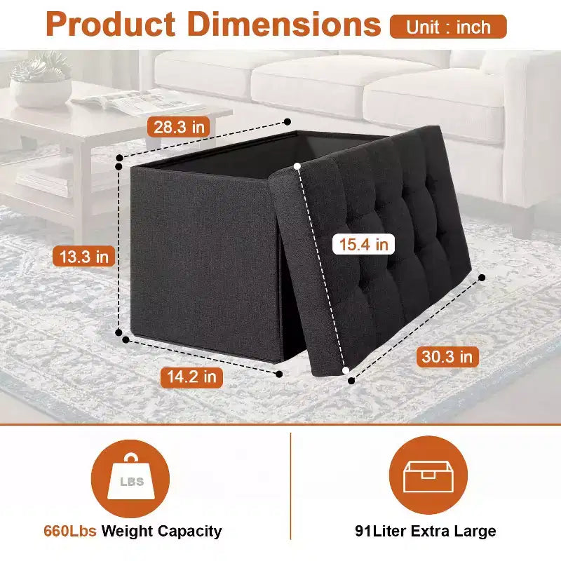 Banc de rangement pliant BestMassage de 76 cm, capacité de charge de 300 kg, tabouret repose-pieds rembourré pour salon, chambre, entrée