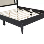 Lit plateforme Queen en bois avec tête de lit en rotin naturel, cadre de lit vintage avec support à lattes, noir