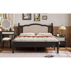 Lit plateforme Queen en bois avec tête de lit en rotin naturel, cadre de lit vintage avec support à lattes, noir