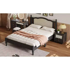 Lit plateforme Queen en bois avec tête de lit en rotin naturel, cadre de lit vintage avec support à lattes, noir