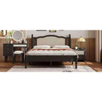 Lit plateforme Queen en bois avec tête de lit en rotin naturel, cadre de lit vintage avec support à lattes, noir