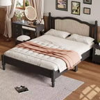 Lit plateforme Queen en bois avec tête de lit en rotin naturel, cadre de lit vintage avec support à lattes, noir