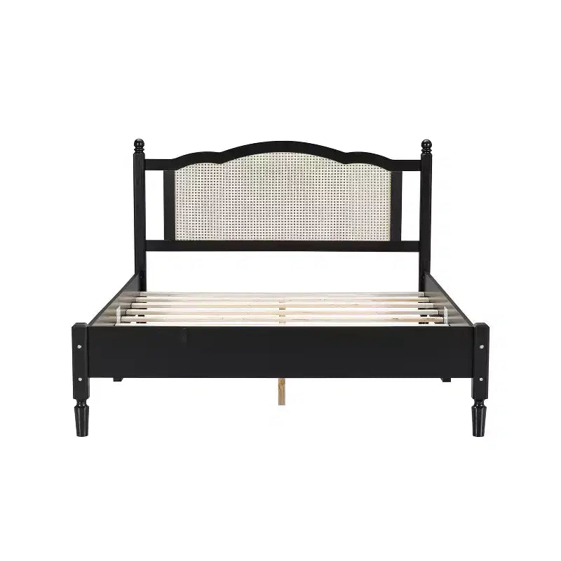 Lit plateforme Queen en bois avec tête de lit en rotin naturel, cadre de lit vintage avec support à lattes, noir