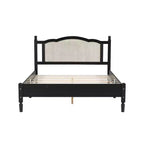 Lit plateforme Queen en bois avec tête de lit en rotin naturel, cadre de lit vintage avec support à lattes, noir