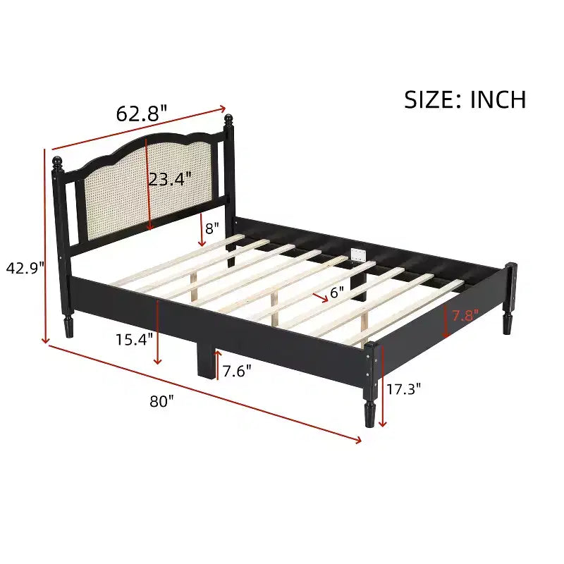 Lit plateforme Queen en bois avec tête de lit en rotin naturel, cadre de lit vintage avec support à lattes, noir