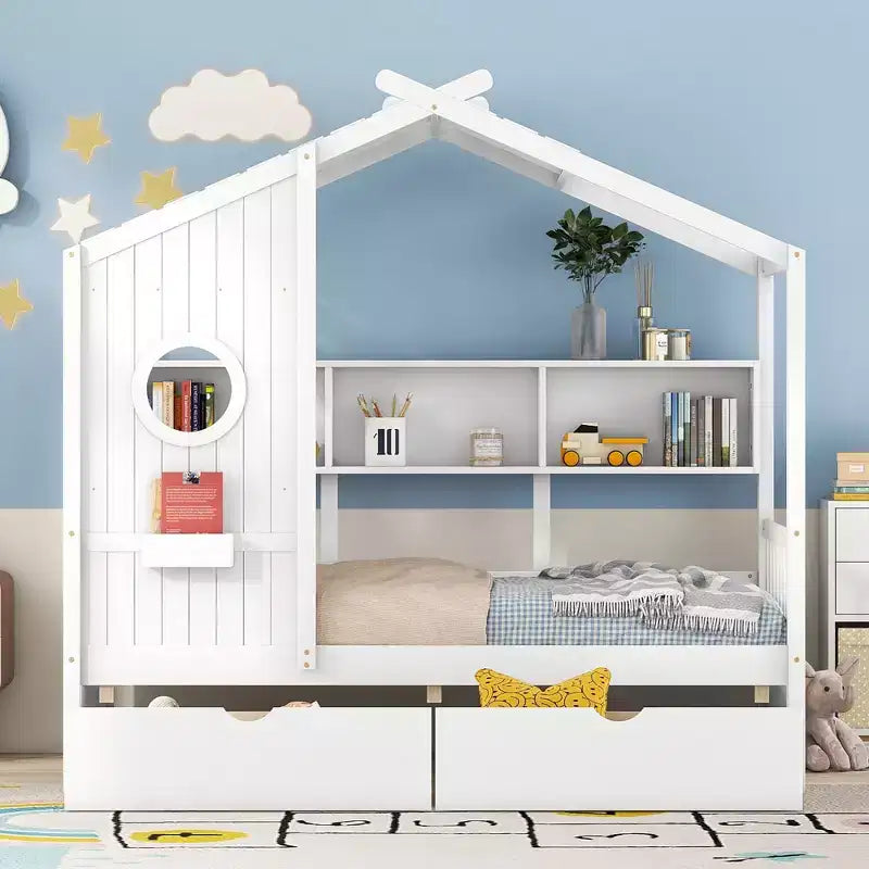 Lit jumeau en bois pour enfants avec 2 tiroirs et étagère de rangement, blanc