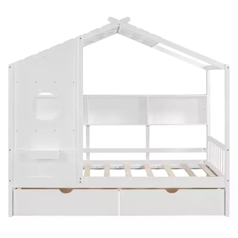 Lit jumeau en bois pour enfants avec 2 tiroirs et étagère de rangement, blanc