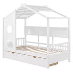 Lit jumeau en bois pour enfants avec 2 tiroirs et étagère de rangement, blanc