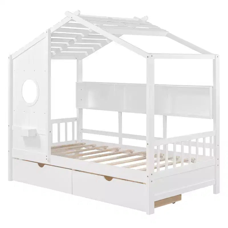 Lit jumeau en bois pour enfants avec 2 tiroirs et étagère de rangement, blanc