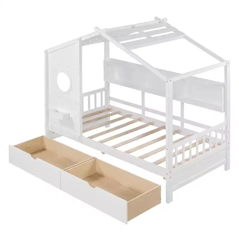 Lit jumeau en bois pour enfants avec 2 tiroirs et étagère de rangement, blanc